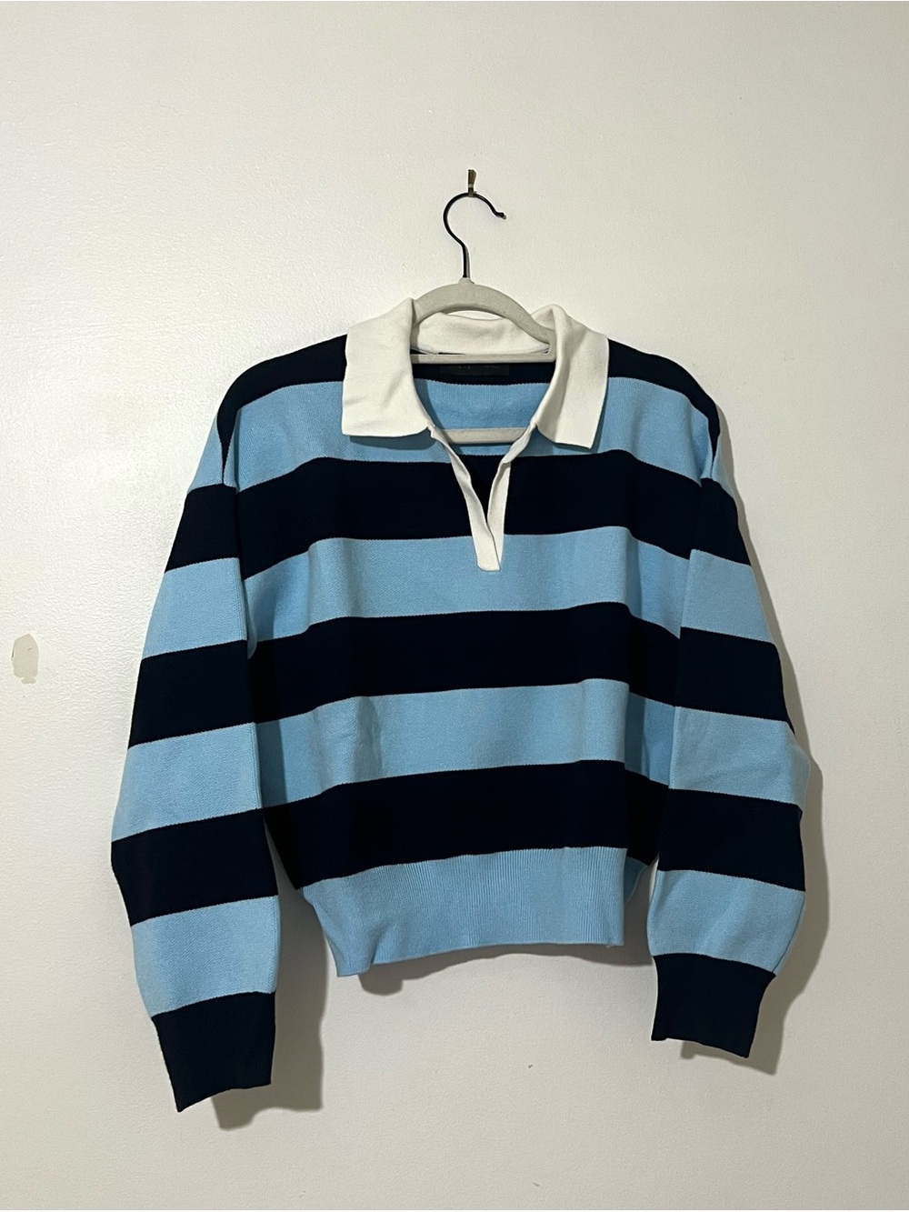 Zara Striped Light Blue & Navy Rugby Sweater with White Collar